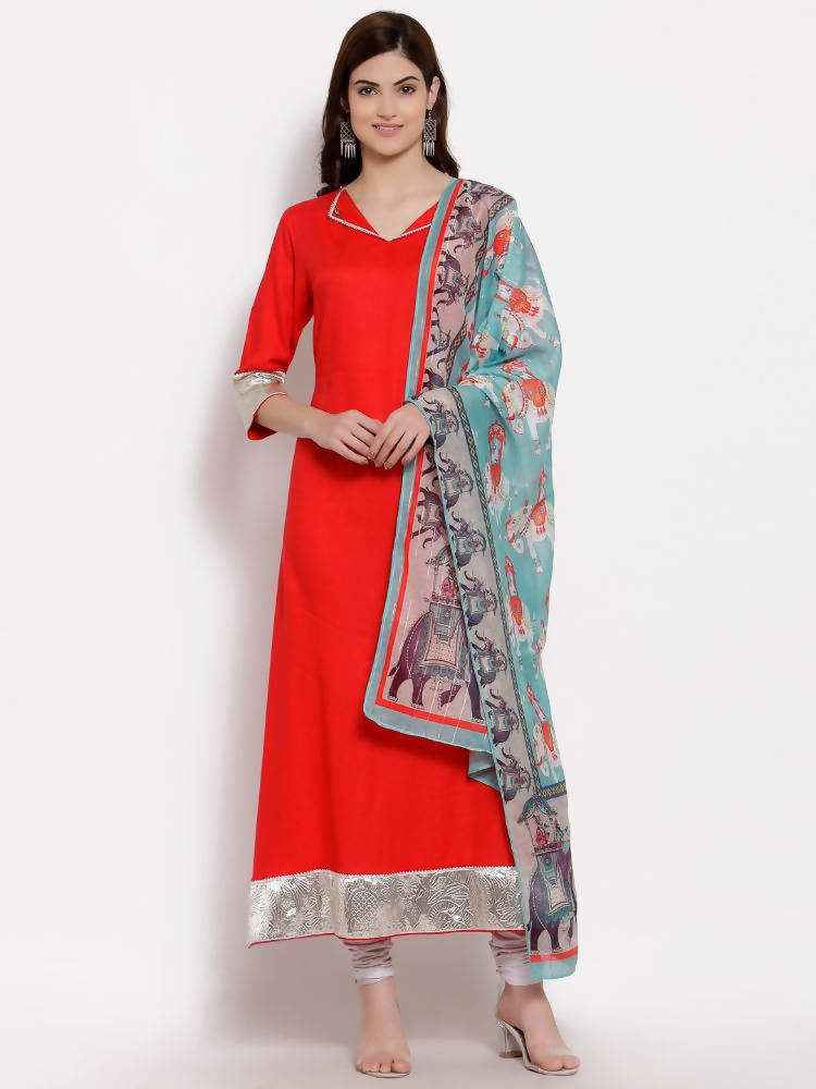 Myshka Women's Red Cotton 3/4 Sleeve V Neck Solid Casual Anarkali Kurta Dupatta Set | Grab2Buy