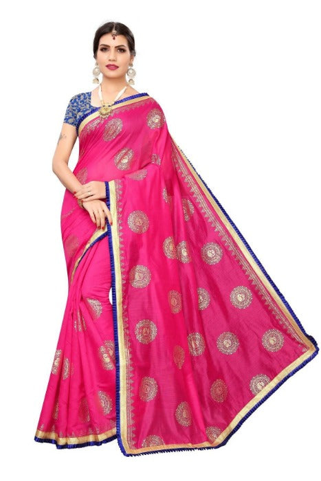 Vamika Chanderi Cotton Foil Print Pink Saree (GOLDEN BIRD Pink) | Grab2Buy