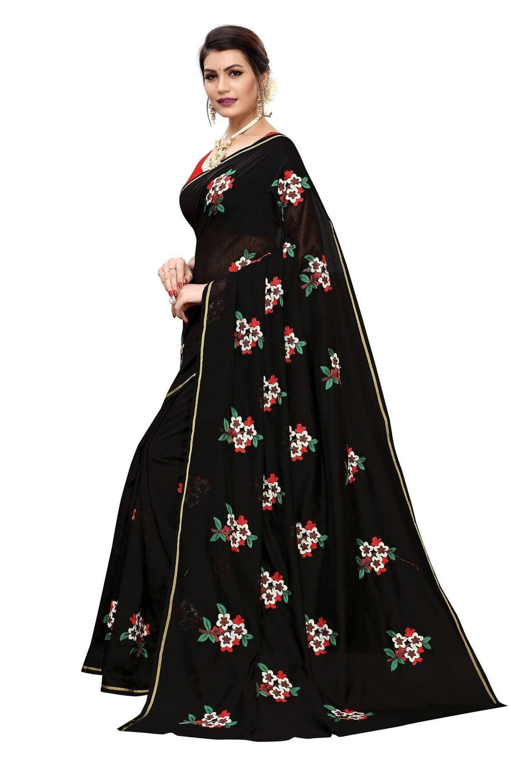 Vamika Black Chanderi Cotton Embroidery Floral Saree | Grab2Buy