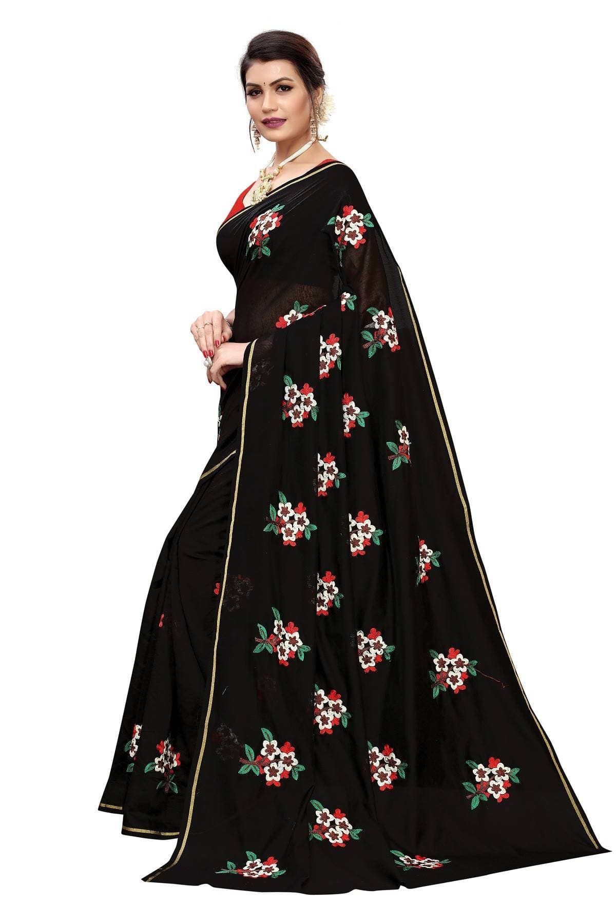 Vamika Black Chanderi Cotton Embroidery Floral Saree | Grab2Buy