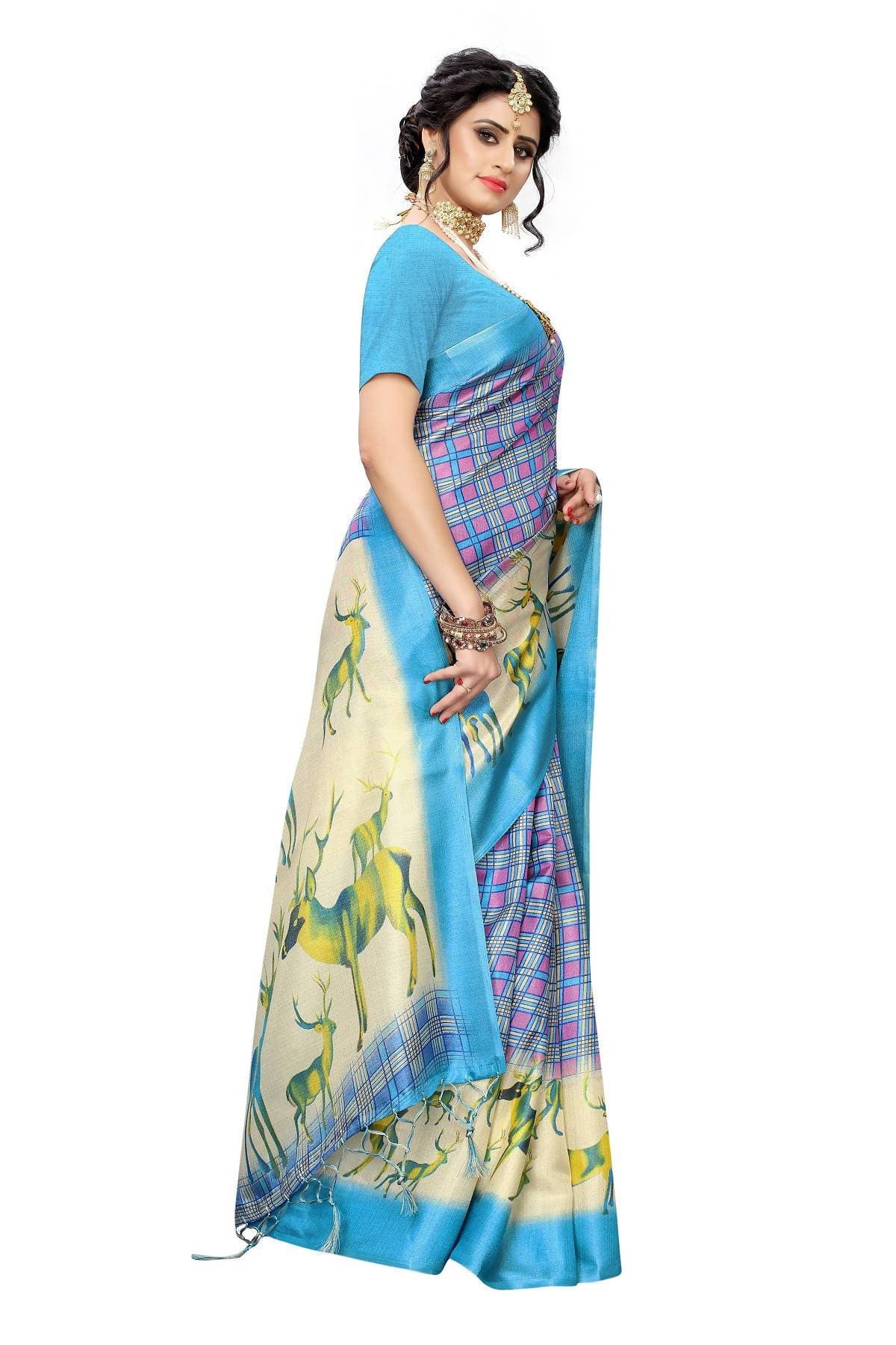 Vamika Multicolor & Sky Blue Kalamkari With Jhalar Khadi Silk Saree | Grab2Buy