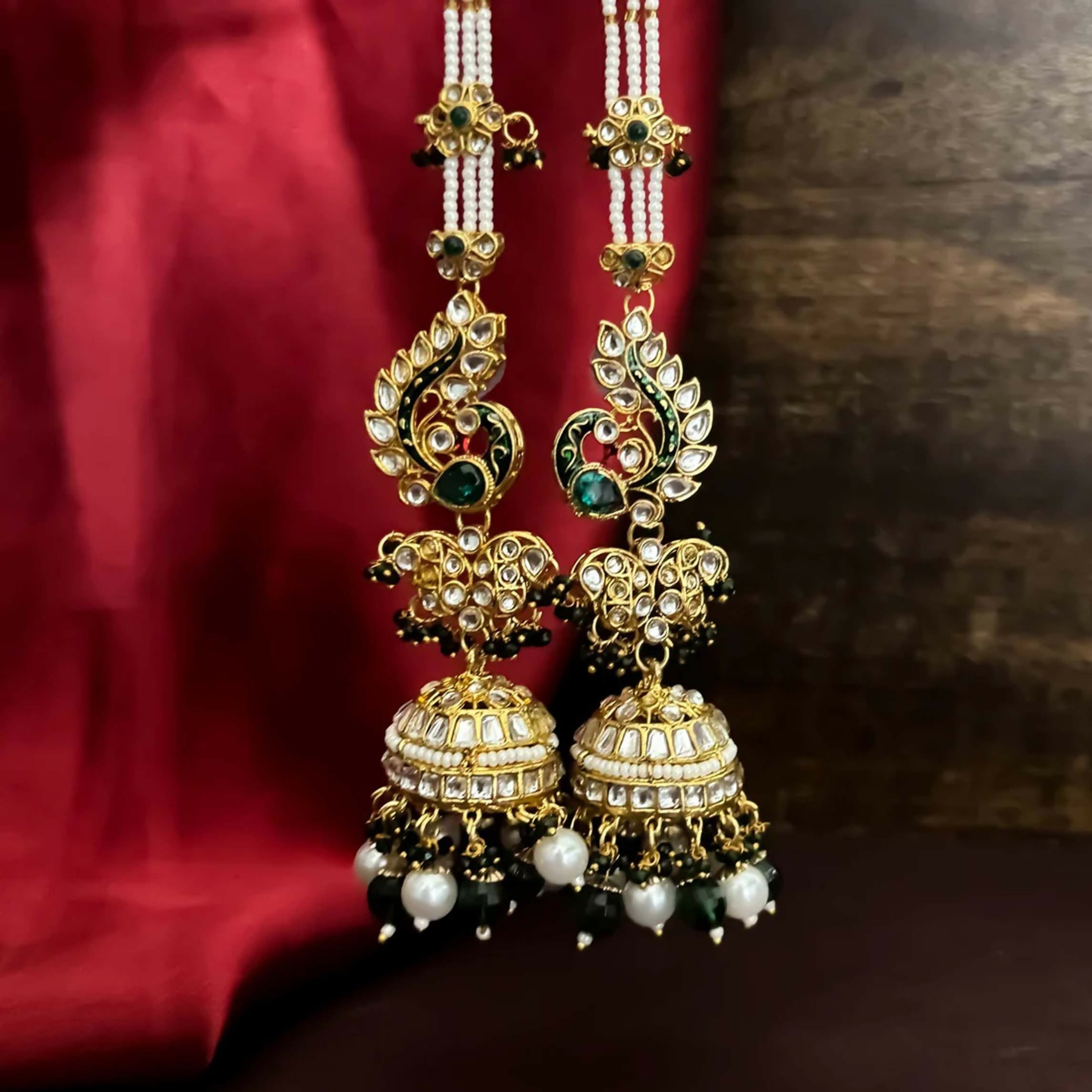 Joban Fashion Manya Royal Jhumka Earrings With Sahara/Earchains - Green | Grab2Buy