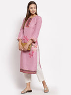 Myshka Women's Pink Cotton Printed Full Sleeve Round Neck Casual Kurta | Grab2Buy