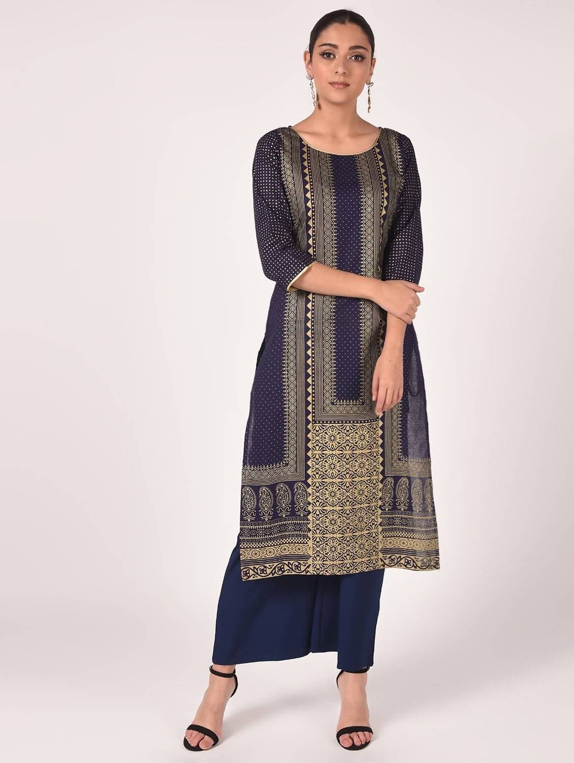 Cheera Hand Block Print Navy Color Straight Kurta | Grab2Buy