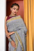 Very Much Indian Handloom Grey Cotton Paithani With Radha Krishna Pallu | Grab2Buy