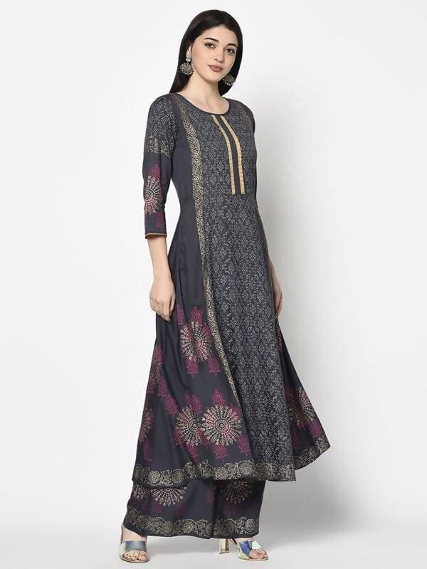 Aniyah Rayon Dark Grey Color Block Print Anarkali Kurta (AN-200K) | Grab2Buy