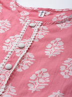 Yufta Pink and White Block Print A-line kurta with Palazzo & Dupatta Set | Grab2Buy
