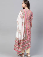 Yufta Women Pink & Yellow Handblock Printed Pure Cotton Kurta with Trouser & Dupatta | Grab2Buy