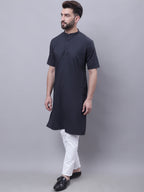 Even Apparels Black Pure Cotton Short Sleeves Kurta With Band Collar | Grab2Buy