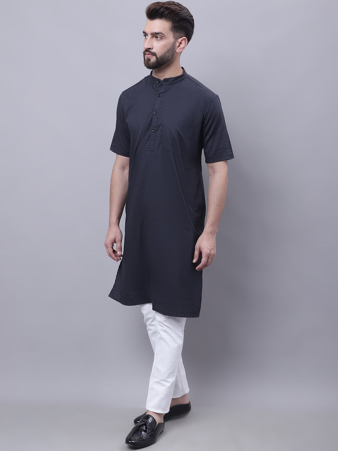 Even Apparels Black Pure Cotton Short Sleeves Kurta With Band Collar | Grab2Buy