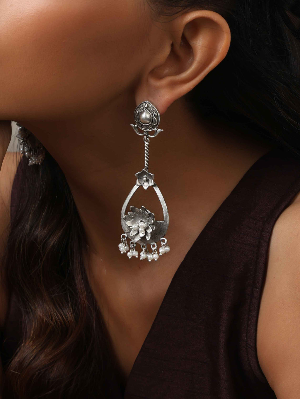 trueBrowns Silver Tone Floral Chandbaali Earrings | Grab2Buy