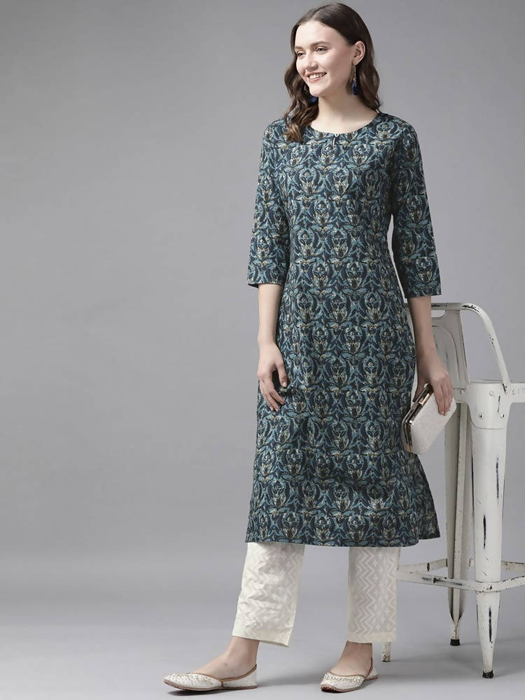 Yufta Women Blue and White Ethnic Motifs Pure Cotton Kurta with Trouser | Grab2Buy