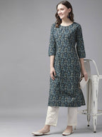 Yufta Women Blue and White Ethnic Motifs Pure Cotton Kurta with Trouser | Grab2Buy