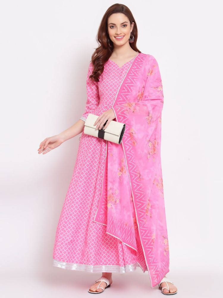 Indian Clothing Myshka Women's Pink Printed Cotton Blend 3/4 Sleeve V Neck Casual Anarkali Kurta Dupatta Set | Grab2Buy