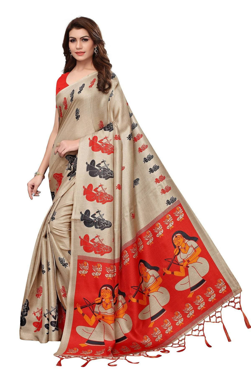 Vamika Chiku & Red Kalamkari With Jhalar Khadi Silk Saree | Grab2Buy