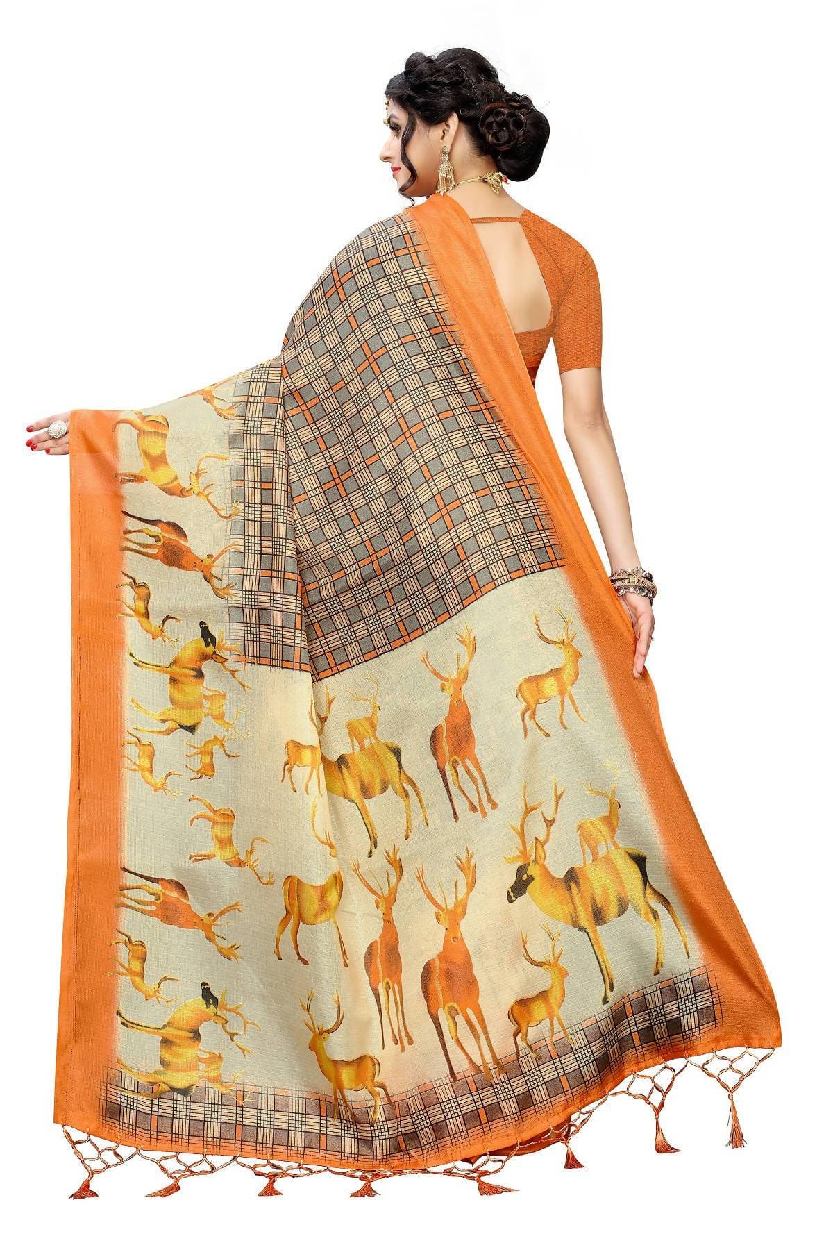 Vamika Multicolor Orange Kalamkari With Jhalar Khadi Silk Saree | Grab2Buy