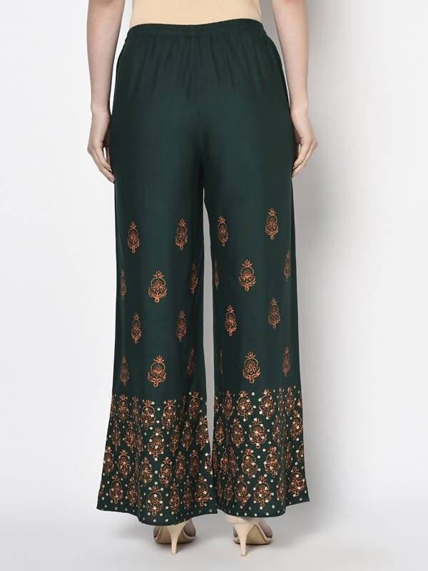 Aniyah Rayon Bottle Green Color Block Print Flared Slip-On Palazzo (AN-219K) | Grab2Buy