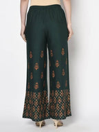 Aniyah Rayon Bottle Green Color Block Print Flared Slip-On Palazzo (AN-219K) | Grab2Buy