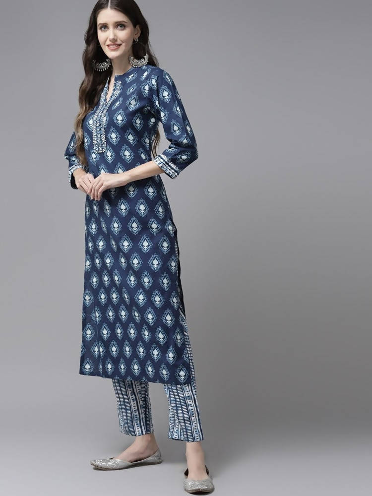 Yufta Women Blue & White Printed Pure Cotton Kurta with Trouser & Dupatta | Grab2Buy