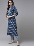 Yufta Women Blue & White Printed Pure Cotton Kurta with Trouser & Dupatta | Grab2Buy
