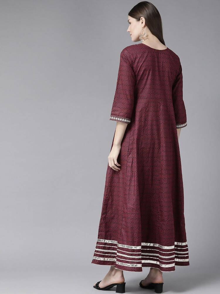 Yufta Women Maroon Geometric Printed Bell Sleeves Mirror Work Cotton Kurta | Grab2Buy
