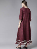 Yufta Women Maroon Geometric Printed Bell Sleeves Mirror Work Cotton Kurta | Grab2Buy