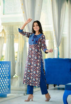Yufta Women Blue Floral Printed Regular Pure Cotton Kurta with Trouser | Grab2Buy
