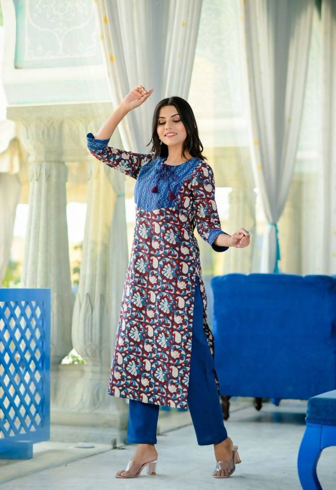 Yufta Women Blue Floral Printed Regular Pure Cotton Kurta with Trouser | Grab2Buy