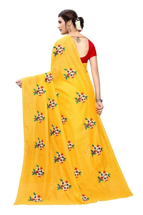 Vamika Chanderi Cotton Embroidery Yellow Saree (Mogra Yellow) | Grab2Buy