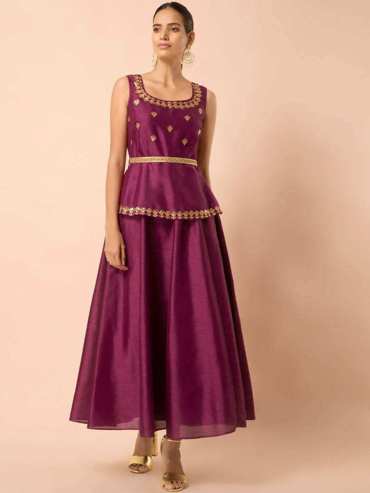 Indya Women Wine-Colored Embroidered Belted Peplum Layered Kurta | Grab2Buy