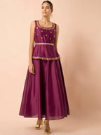 Indya Women Wine-Colored Embroidered Belted Peplum Layered Kurta | Grab2Buy