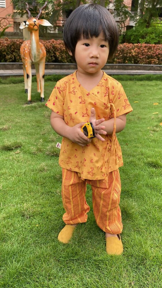 Mhyssa Zeke Half Sleeve Wrap Style Yellow and Red T-shirt With Long Pant Set For Kids | Grab2Buy