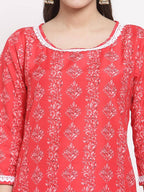 Myshka Women's Red Cotton Printed 3/4 Sleeve Round Neck Casual Kurta Pant Dupatta Set | Grab2Buy
