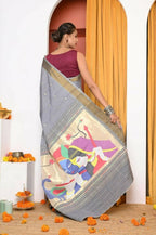 Very Much Indian Handloom Grey Cotton Paithani With Radha Krishna Pallu | Grab2Buy