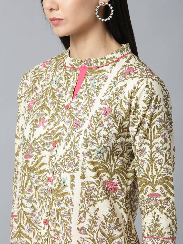Yufta Women Cream & Pink Printed Kurta with Trouser | Grab2Buy