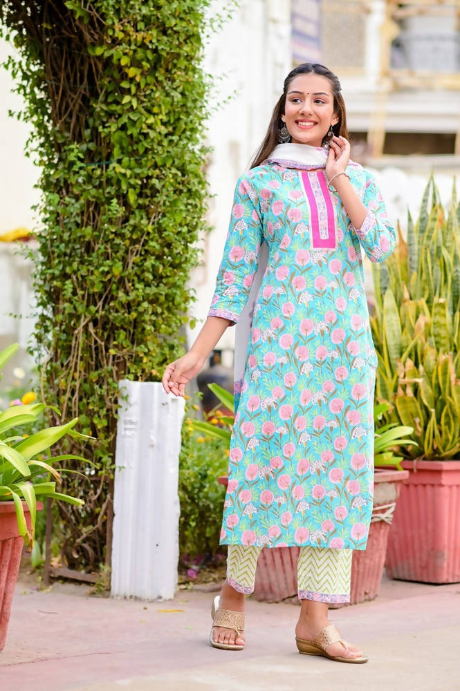 Yufta Women Blue & Off-White Printed Kurta with Trouser & Dupatta | Grab2Buy