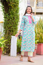 Yufta Women Blue & Off-White Printed Kurta with Trouser & Dupatta | Grab2Buy