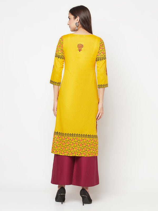 Aniyah Mustard Cotton Block Print Straight Kurta | Grab2Buy