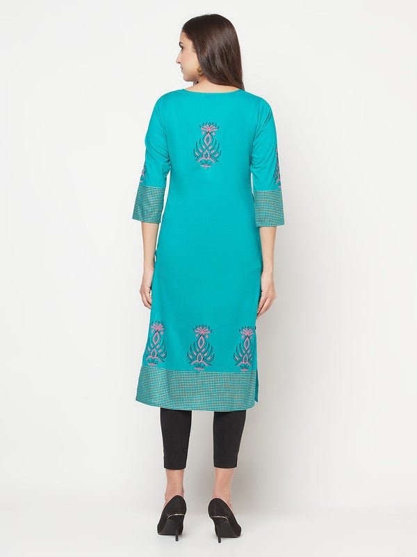 Aniyah Cotton Block Print Turquoise Straight Kurta | Grab2Buy