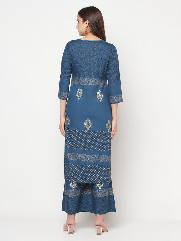 Aniyah Rayon Block Print Blue Straight Kurta Palazzo Set | Grab2Buy