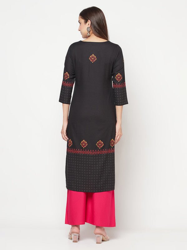 Aniyah Rayon Block Print Straight Kurta - Black | Grab2Buy
