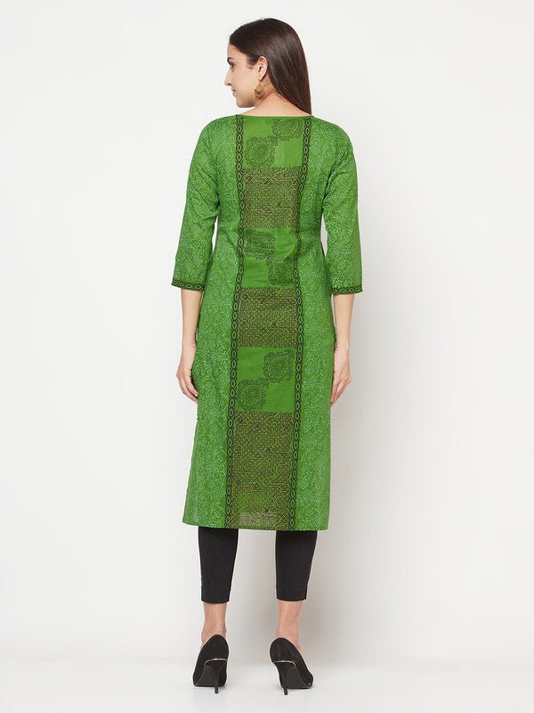 Aniyah Cotton Block Print Green Straight Kurta | Grab2Buy