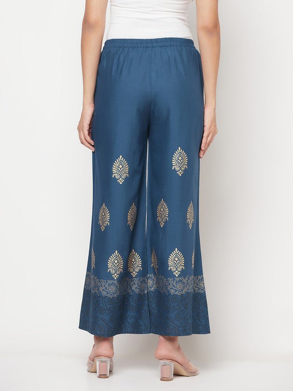 Aniyah Rayon Block Print Flared Slip-on Blue Palazzo | Grab2Buy