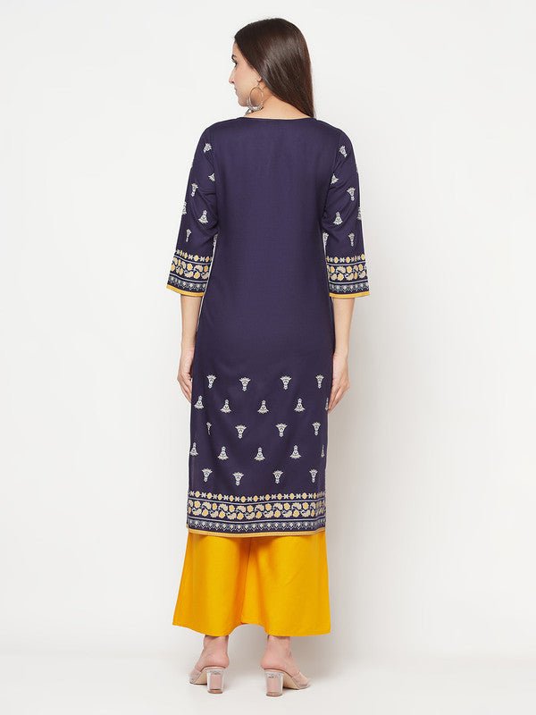 Aniyah Rayon Screen Print Navy Blue Straight Kurta | Grab2Buy