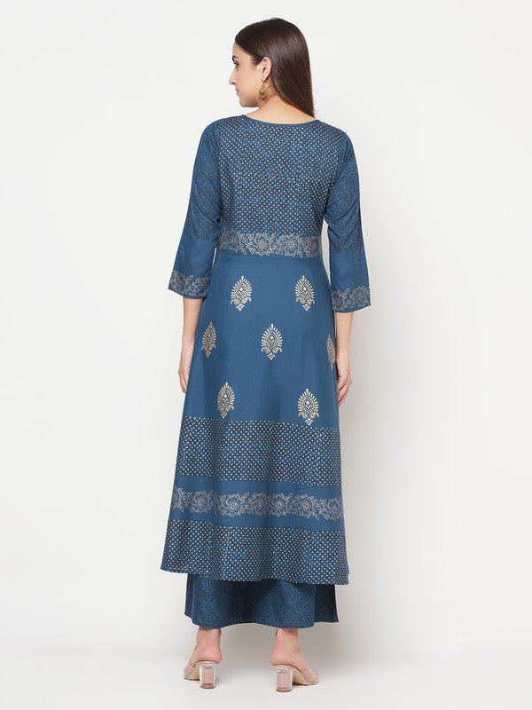 Aniyah Rayon Block Print Blue Anarkali Palazzo Set | Grab2Buy