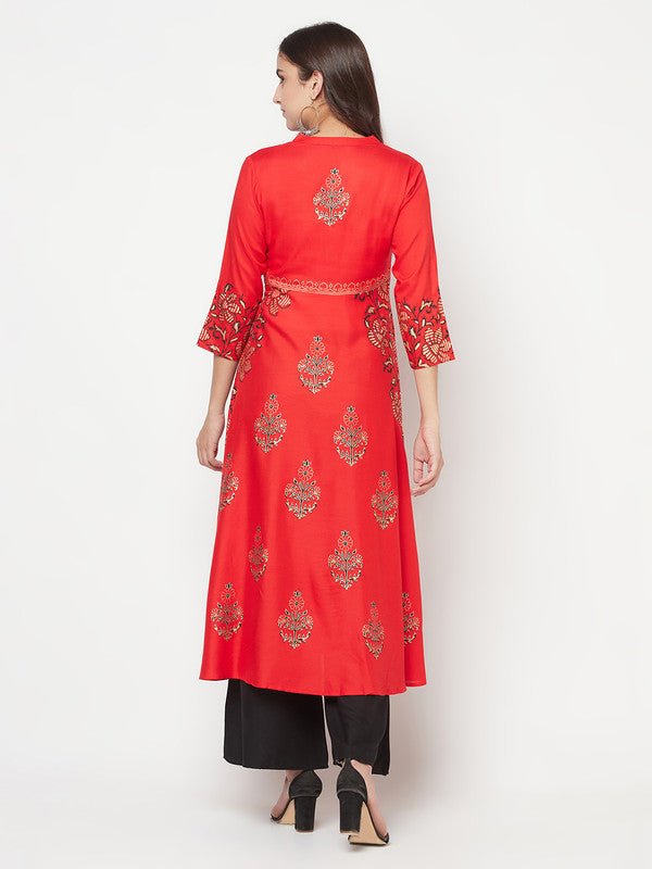 Aniyah Rayon Block Print Red Anarkali Kurta | Grab2Buy