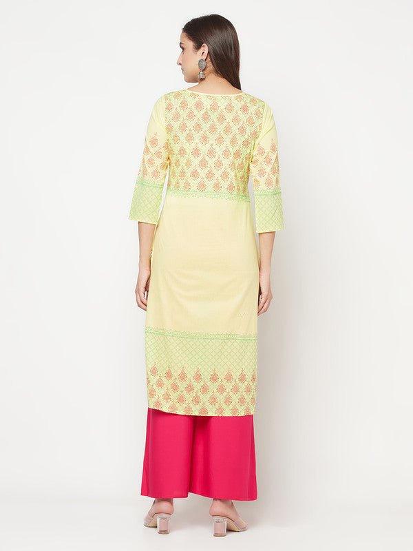 Aniyah Cotton Block Print Lemon Yellow Straight Kurta | Grab2Buy