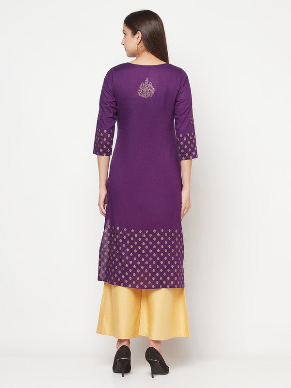 Aniyah Cotton Foil Print Purple Straight Kurta | Grab2Buy