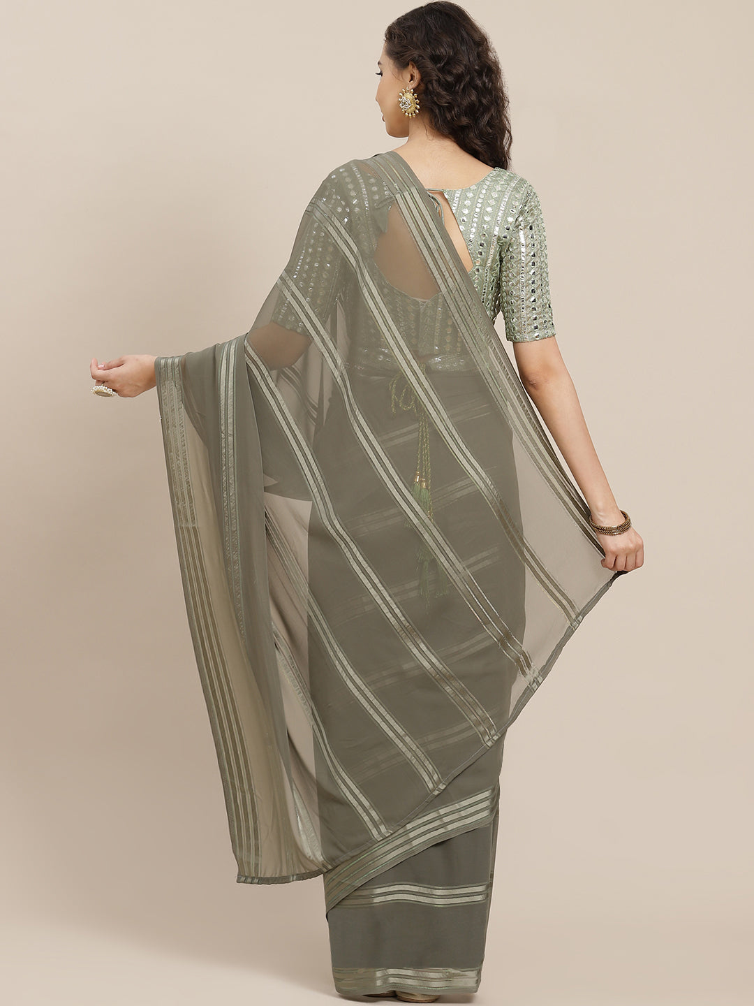 Saree Mall Taupe Striped Leheriya Saree With Belt | Grab2Buy