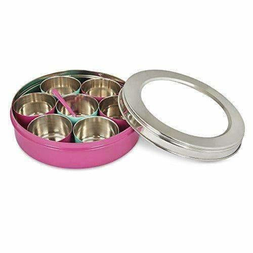 Stainless Steel Made Masala Box Spice Box Masala Dabba Container With Glass Lid 7 Compartments With 1 Spoon | Grab2Buy